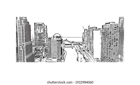 La vista de edificios con el punto de referencia de Chicago es el
ciudad de Illinois. Dibujo a mano de ilustración de esbozo en vector.