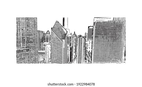 La vista de edificios con el punto de referencia de Chicago es el
ciudad de Illinois. Dibujo a mano de ilustración de esbozo en vector.