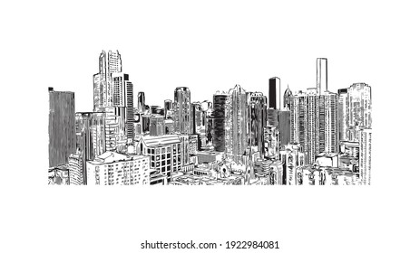 Building view with landmark of Chicago is the
city in Illinois. Hand drawn sketch illustration in vector.