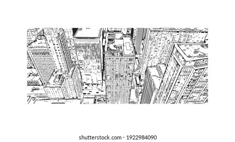 La vista de edificios con el punto de referencia de Chicago es el
ciudad de Illinois. Dibujo a mano de ilustración de esbozo en vector.