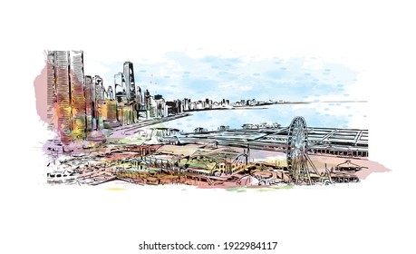 Building view with landmark of Chicago is the
city in Illinois. Watercolour splash with hand drawn sketch illustration in vector.