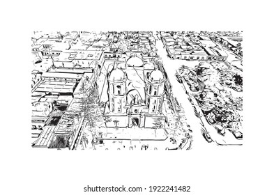 Building view with landmark of Chiclayo is the
city in Peru. Hand drawn sketch illustration in vector.