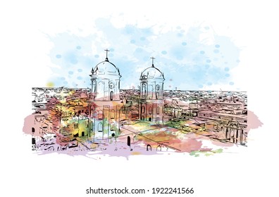 Building view with landmark of Chiclayo is the
city in Peru. Watercolour splash with hand drawn sketch illustration in vector.