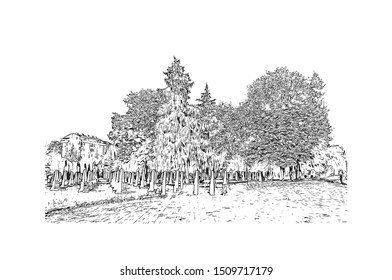 Building view with landmark of Chisinau is the capital of Eastern Europe's Republic of Moldova. Hand drawn sketch illustration in vector.