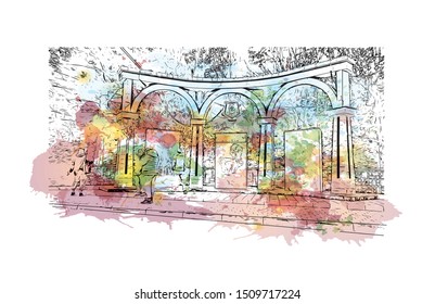 Building view with landmark of Chisinau is the capital of Eastern Europe's Republic of Moldova. Watercolor splash with Hand drawn sketch illustration in vector.