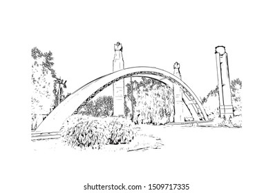 Building view with landmark of Chisinau is the capital of Eastern Europe's Republic of Moldova. Hand drawn sketch illustration in vector.