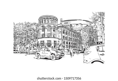 Building view with landmark of Chisinau is the capital of Eastern Europe's Republic of Moldova. Hand drawn sketch illustration in vector.