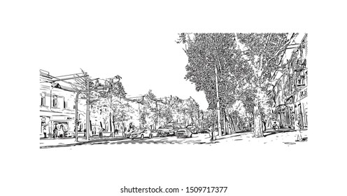 Building view with landmark of Chisinau is the capital of Eastern Europe's Republic of Moldova. Hand drawn sketch illustration in vector.