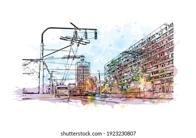 Building view with landmark of Chisinau is the
capital of Moldova. Watercolour splash with hand drawn sketch illustration in vector.