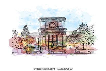 Building view with landmark of Chisinau is the
capital of Moldova. Watercolour splash with hand drawn sketch illustration in vector.