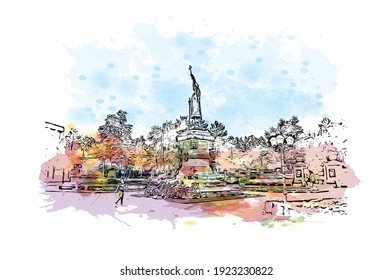 Building view with landmark of Chisinau is the
capital of Moldova. Watercolour splash with hand drawn sketch illustration in vector.