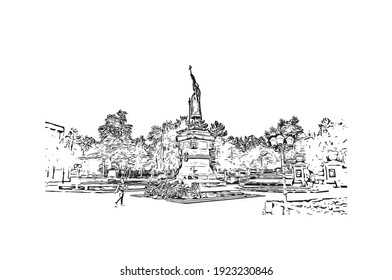 Building view with landmark of Chisinau is the
capital of Moldova. Hand drawn sketch illustration in vector.