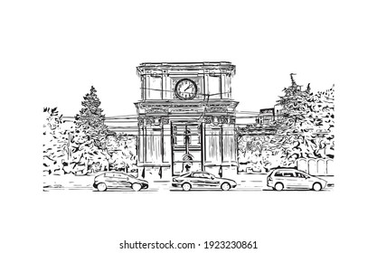 Building view with landmark of Chisinau is the
capital of Moldova. Hand drawn sketch illustration in vector.