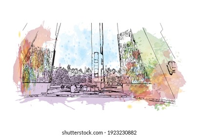 Building view with landmark of Chisinau is the
capital of Moldova. Watercolour splash with hand drawn sketch illustration in vector.