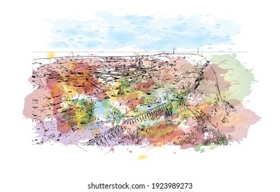 Building view with landmark of Chittorgarh is the
city in India. Watercolour splash with hand drawn sketch illustration in vector.