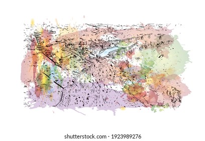 Building view with landmark of Chittorgarh is the
city in India. Watercolour splash with hand drawn sketch illustration in vector.