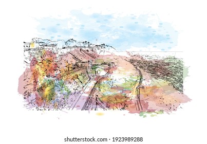 Building view with landmark of Chittorgarh is the
city in India. Watercolour splash with hand drawn sketch illustration in vector.