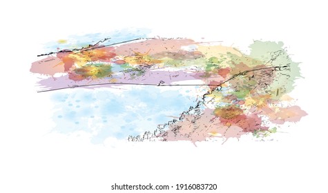 Construir vistas con un punto de referencia de Chlef es la capital de Argelia. Salto de color de agua con ilustración de esbozo dibujada a mano en vector.