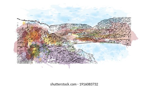 Building view with landmark of Chlef is the capital of  Algeria. Watercolour splash with hand drawn sketch illustration in vector.