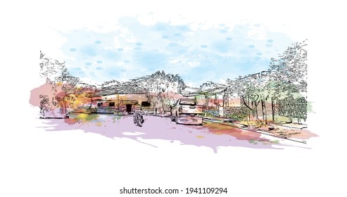 La vista de edificio con un punto de referencia de Choluteca es 
municipio de Honduras. Salto de color de agua con ilustración de esbozo dibujada a mano en vector.
