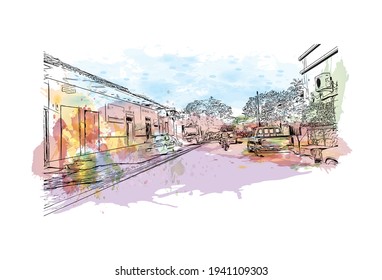 La vista de edificio con un punto de referencia de Choluteca es 
municipio de Honduras. Salto de color de agua con ilustración de esbozo dibujada a mano en vector.