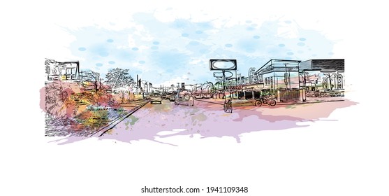 Building view with landmark of Choluteca is the 
municipality in Honduras. Watercolour splash with hand drawn sketch illustration in vector.