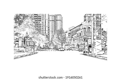 Building view with landmark of Chongqing is the
municipality in China. Hand drawn sketch illustration in vector.