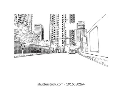 Building view with landmark of Chongqing is the
municipality in China. Hand drawn sketch illustration in vector.