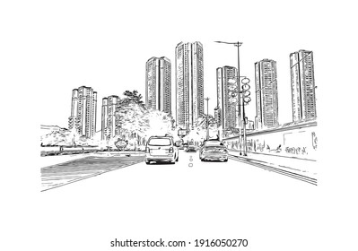 Building view with landmark of Chongqing is the
municipality in China. Hand drawn sketch illustration in vector.