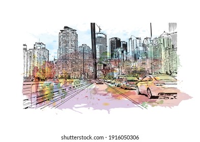 Building view with landmark of Chongqing is the
municipality in China. Watercolour splash with hand drawn sketch illustration in vector.