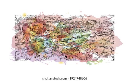 Building view with landmark of Chorzow is the
city in Poland. watercolour splash with hand drawn sketch illustration in vector.