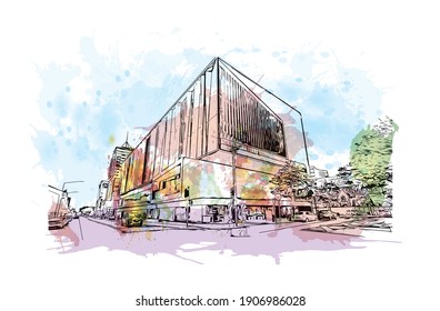 Building view with landmark of Christchurch is the
city in the New Zealand. Watercolor splash with hand drawn sketch illustration in vector.