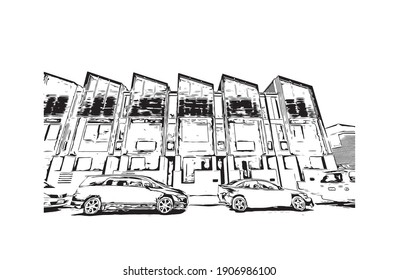 Building view with landmark of Christchurch is the
city in the New Zealand. Hand drawn sketch illustration in vector.