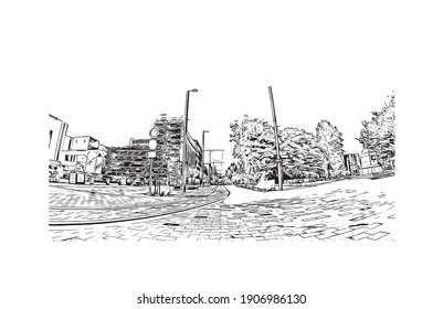 Building view with landmark of Christchurch is the
city in the New Zealand. Hand drawn sketch illustration in vector.