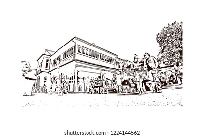 Building view with landmark of Christchurch, known for its English heritage, is located on the east coast of New Zealand’s South Island. Hand drawn sketch illustration in vector.