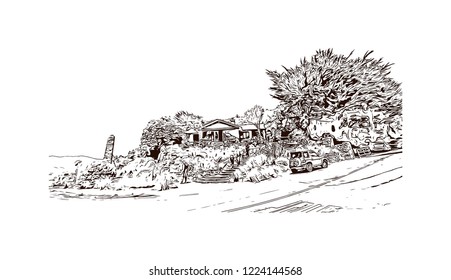 Building view with landmark of Christchurch, known for its English heritage, is located on the east coast of New Zealand’s South Island. Hand drawn sketch illustration in vector.