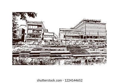 Building view with landmark of Christchurch, known for its English heritage, is located on the east coast of New Zealand’s South Island. Hand drawn sketch illustration in vector.
