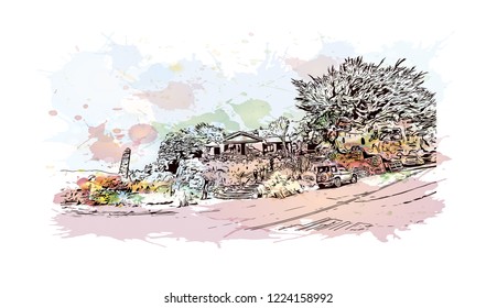 building view with landmark of Christchurch, known for its English heritage, is located on the east coast of New Zealand’s South Island. Watercolor splash with hand drawn sketch illustration in vector
