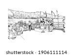 Building view with landmark of Chuncheon is the capital city of South Korea. Hand drawn sketch illustration in vector.