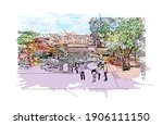 Building view with landmark of Chuncheon is the capital city of South Korea. Watercolor splash with hand drawn sketch illustration in vector.