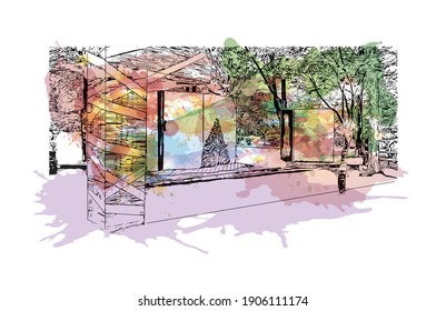 Building view with landmark of Chuncheon is the capital city of South Korea. Watercolor splash with hand drawn sketch illustration in vector.