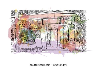 Building view with landmark of Chuncheon is the capital city of South Korea. Watercolor splash with hand drawn sketch illustration in vector.