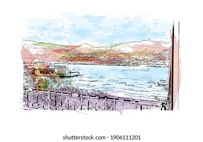 Building view with landmark of Chuncheon is the capital city of South Korea. Watercolor splash with hand drawn sketch illustration in vector.