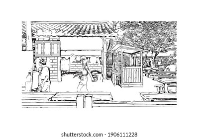 Building view with landmark of Chuncheon is the capital city of South Korea. Hand drawn sketch illustration in vector.