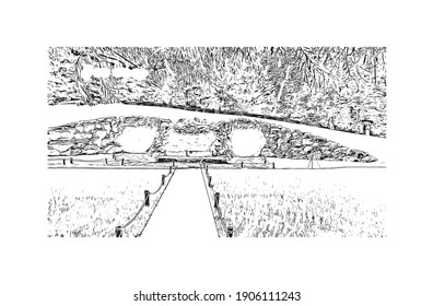 Building view with landmark of Chuncheon is the capital city of South Korea. Hand drawn sketch illustration in vector.