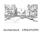 Building view with landmark of Cincinnati is the
city in Ohio. Hand drawn sketch illustration in vector.