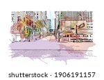 Building view with landmark of Cincinnati is the
city in Ohio. Watercolor splash with hand drawn sketch illustration in vector.