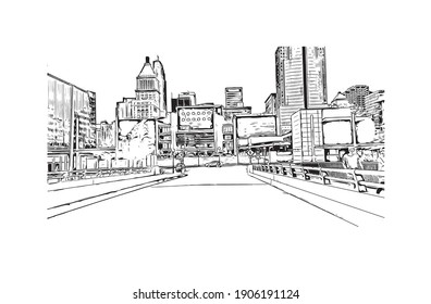 Building view with landmark of Cincinnati is the
city in Ohio. Hand drawn sketch illustration in vector.