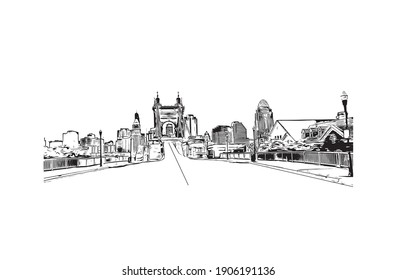 Building view with landmark of Cincinnati is the
city in Ohio. Hand drawn sketch illustration in vector.