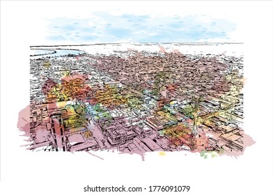 Building view with landmark of The city of Abaetetuba is located in Para State, Brazil. Watercolor splash with hand drawn sketch illustration in vector.